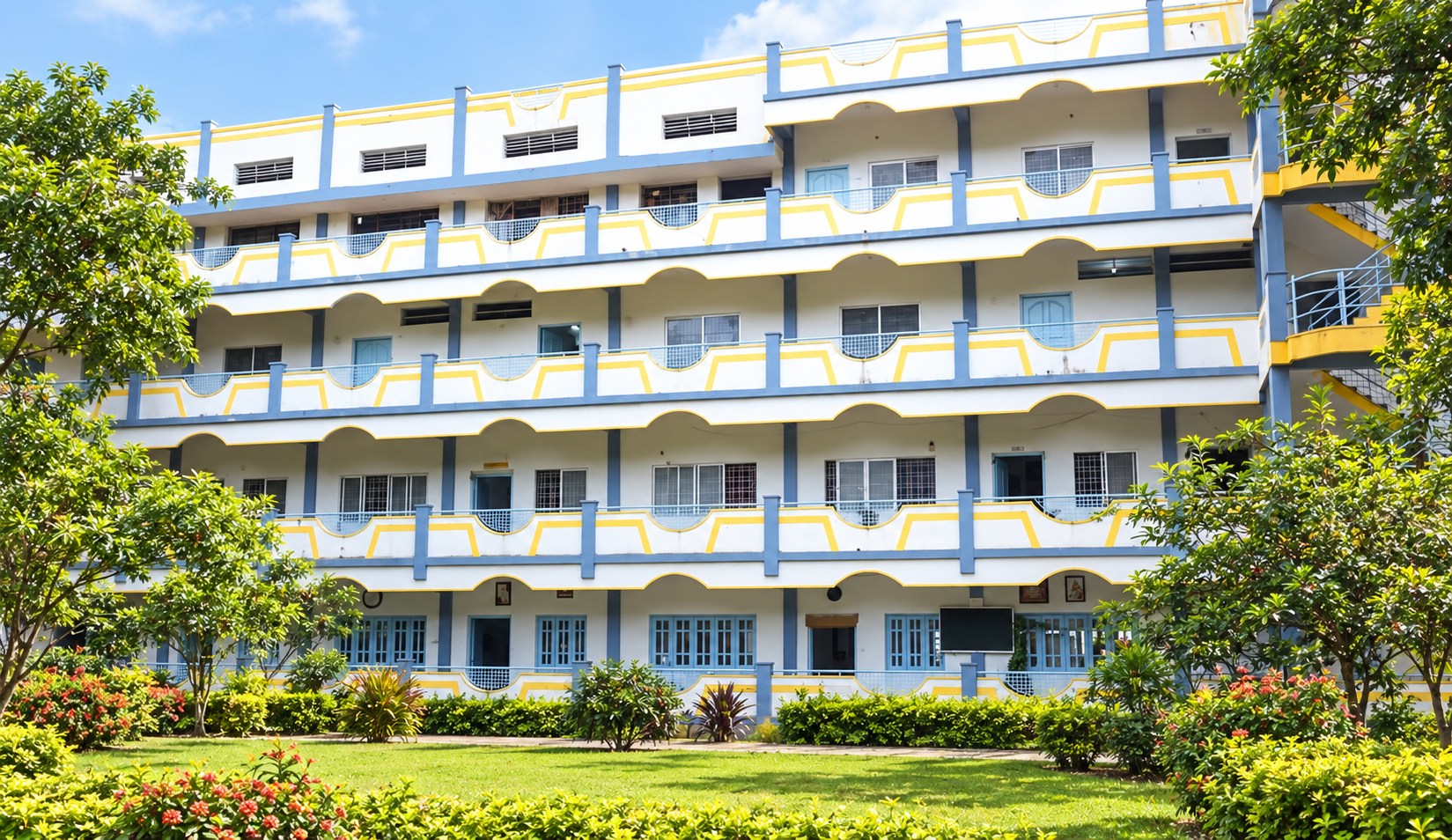 Sri Raghavendra College campus with landscaped gardens